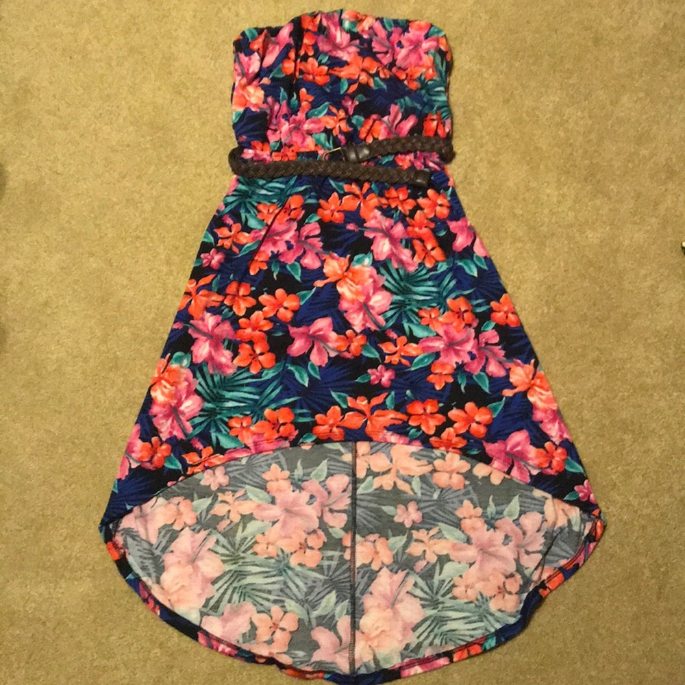 Strapless floral/ Hawaiian print high low dress